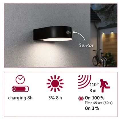 Paulmann 94570 - LED/5,5W IP44 Solárne nástenné svietidlo so senzorom EILEEN 3,7V 2000 mAh