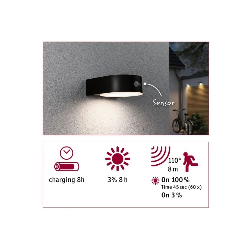 Čierna nástenná lampa s pohybovým senzorom svieti vonku. Lampa sa nabíja 8 hodín, svieti pri 100% jasu 45 sekúnd (60x) a pri 3% jasu 8 hodín. Dosah senzora je 8 metrov v uhle 110°.