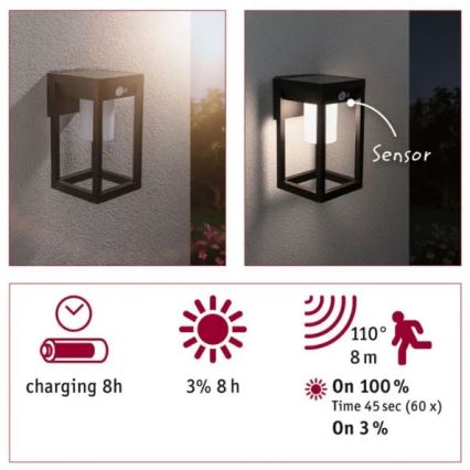 Paulmann 94572 -LED/5,5W IP44 Solárne nástenné svietidlo so senzorom MARISOL 3,7V 2000 mAh