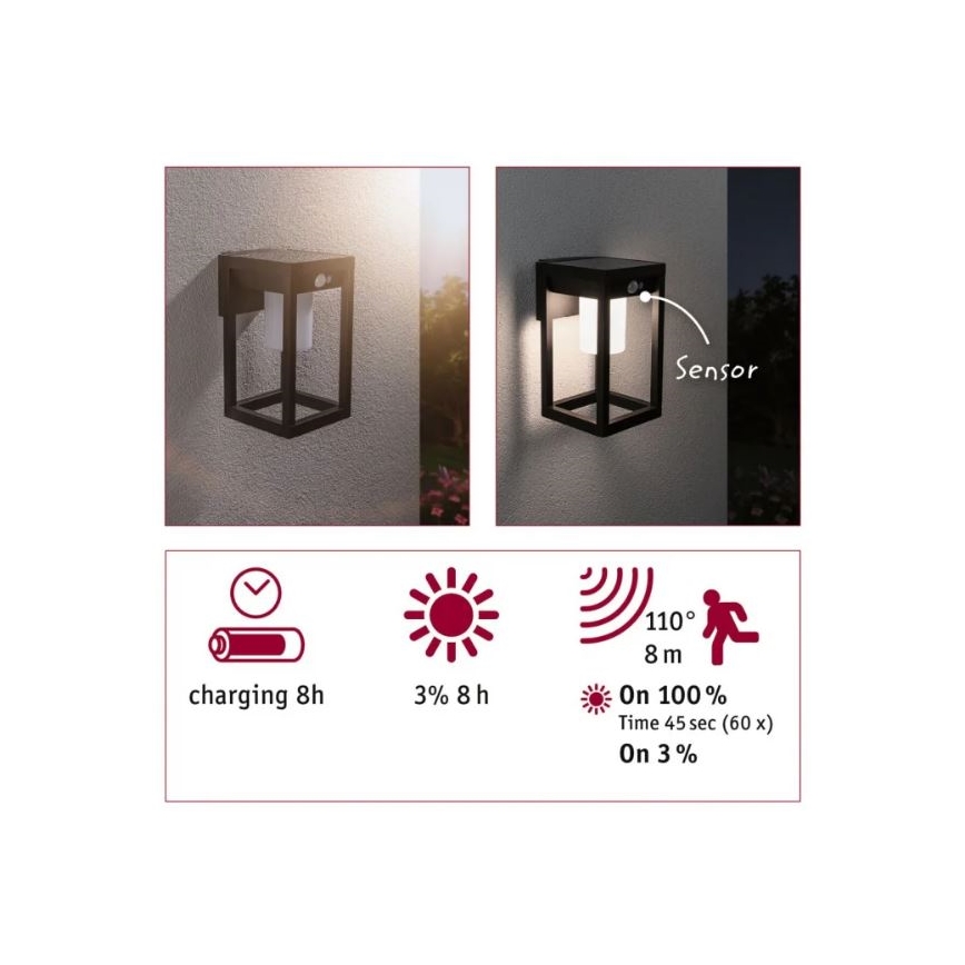 Solárna nástenná lampa s pohybovým senzorom svieti na 100 % 45 sekúnd pri detekcii pohybu v okruhu 8 metrov a 110 stupňov. Nabíjanie batérie trvá 8 hodín, pri 3% jasu svieti 8 hodín.