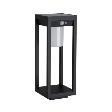 Solárna lampa s pohybovým senzorom stojí na bielom pozadí. Čierny kovový rám obklopuje svetlo s difúznym sklom. Vrchná časť obsahuje solárny panel a senzor.