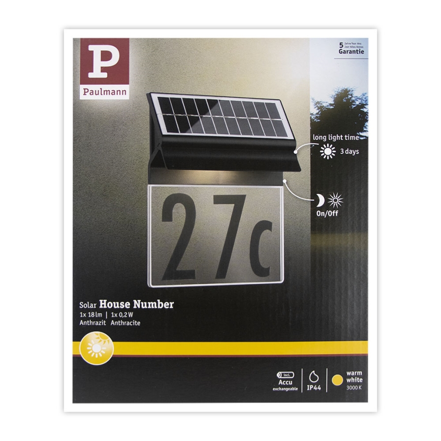 Paulmann 94694 - LED/0,2W IP44 Solárne domové číslo NEDA 3,7V 1800 mAh