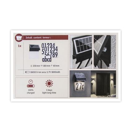 Paulmann 94694 - LED/0,2W IP44 Solárne domové číslo NEDA 3,7V 1800 mAh