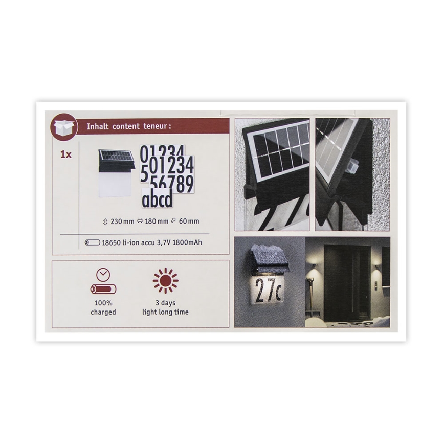 Paulmann 94694 - LED/0,2W IP44 Solárne domové číslo NEDA 3,7V 1800 mAh