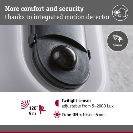 Paulmann 94958 - LED/18,5W IP65 Stmievateľné vonkajšie nástenné svietidlo s pohybovým a súmrakovým snímačom ELUNOR 230V 2200/3000/4000K antracit