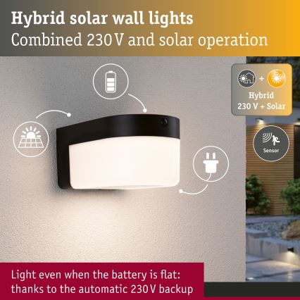 Paulmann 95747 - LED/2,3W IP44 Solárne nástenné svietidlo so senzorom CALYNE 3,7/230V 4000 mAh čierna