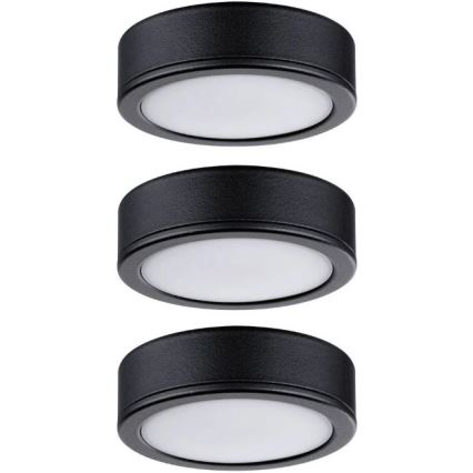 Tri čierne stropné LED svetlá s bielym difúzorom sú zobrazené vertikálne nad sebou na bielom pozadí. Svetlá sú okrúhle s mierne vyvýšeným okrajom.