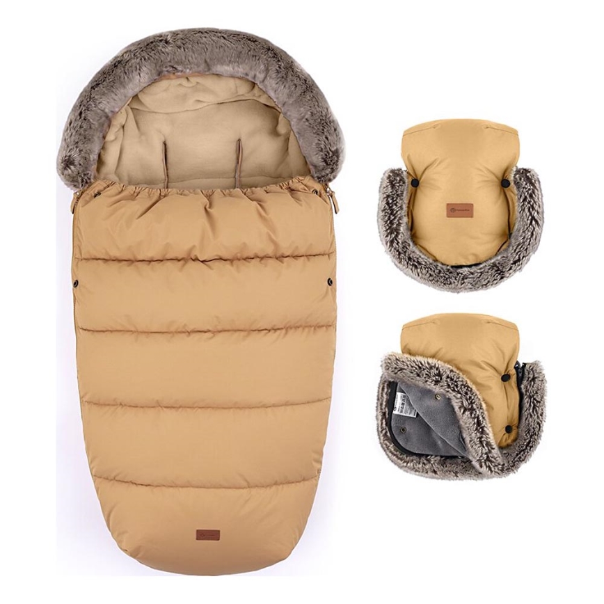PETITE&MARS - SADA Detský fusak 4v1 COMFY + rukávniky na kočík FURRY Elegant Caramel