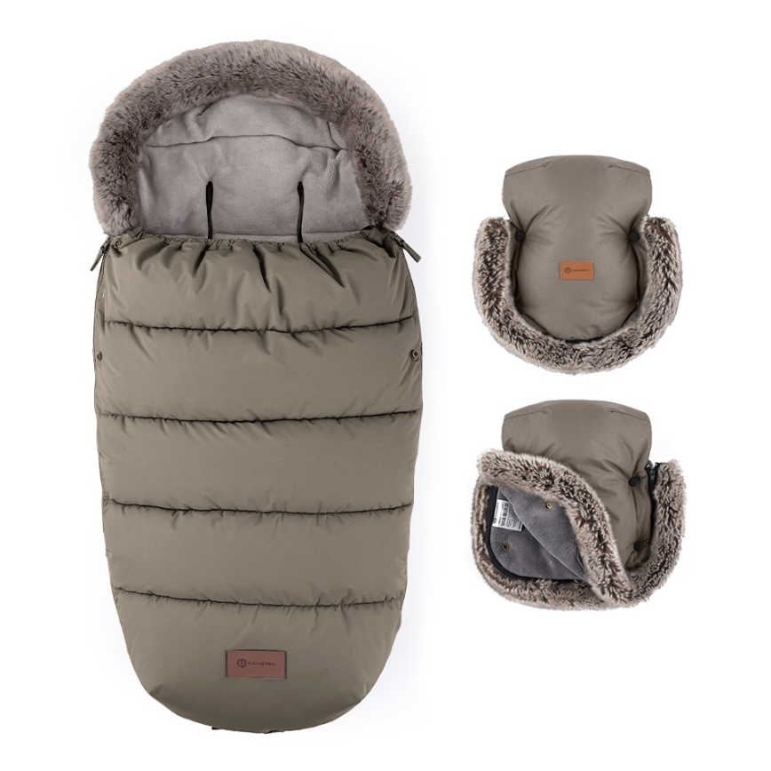 PETITE&MARS - SADA detský fusak 4v1 COMFY + rukávniky na kočík FURRY Mocha Mousse
