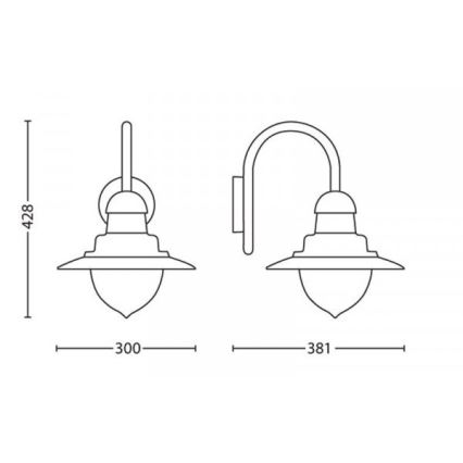 Dve nástenné lampy, pripevnené na stenu, s rozmermi 300 x 428 mm a 381 x 428 mm. Lampy majú tvar kužeľa s plochým vrchom a skleneným tienidlom.