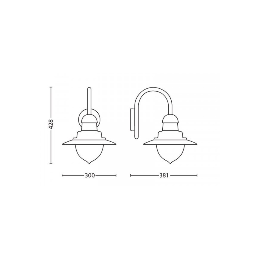 Dve nástenné lampy, pripevnené na stenu, s rozmermi 300 x 428 mm a 381 x 428 mm. Lampy majú tvar kužeľa s plochým vrchom a skleneným tienidlom.