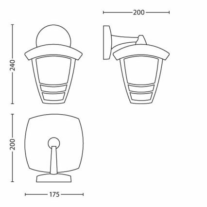 Nástené svietidlo je zobrazené z troch uhlov s rozmermi: výška 240 mm, šírka 200 mm, základňa 175 mm. Svietidlo je pripevnené na stenu.