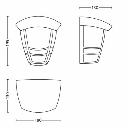 Nástená lampa s mriežkovým krytom je zobrazená z troch uhlov s rozmermi: výška 195 mm, šírka 130 mm, dĺžka 180 mm.