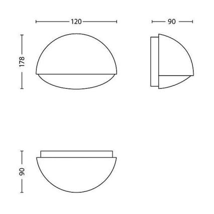 Návrh nástenného svietidla zobrazuje tri technické kresby v rôznych uhloch. Svietidlo má polkruhový tvar s dvojitým tienidlom. Rozmery sú 120 x 90 x 178 mm.