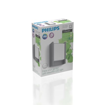 Balenie vonkajšieho LED svietidla Philips myGarden zobrazuje sivé nástenné svietidlo. Svietidlo je zobrazené na obale, ktorý obsahuje text: „Enjoy your garden with beautiful LED light“.