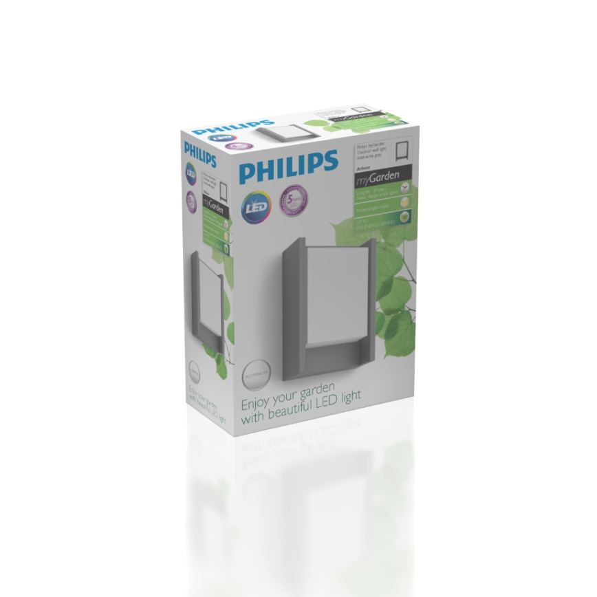Balenie vonkajšieho LED svietidla Philips myGarden zobrazuje sivé nástenné svietidlo. Svietidlo je zobrazené na obale, ktorý obsahuje text: „Enjoy your garden with beautiful LED light“.