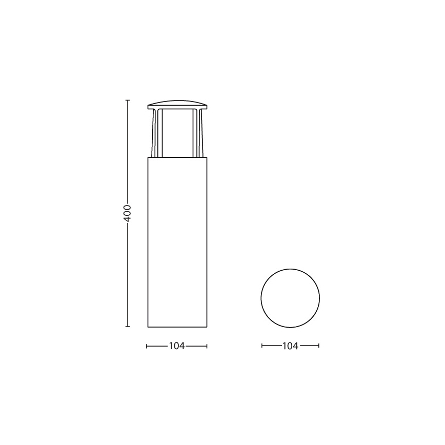 Svietidlo stojí vzpriamene. Má valcovitý tvar s vrchnou časťou pripomínajúcou striešku. Rozmery: výška 400, priemer 104. Vedľa je zobrazený kruhový základ s priemerom 104.