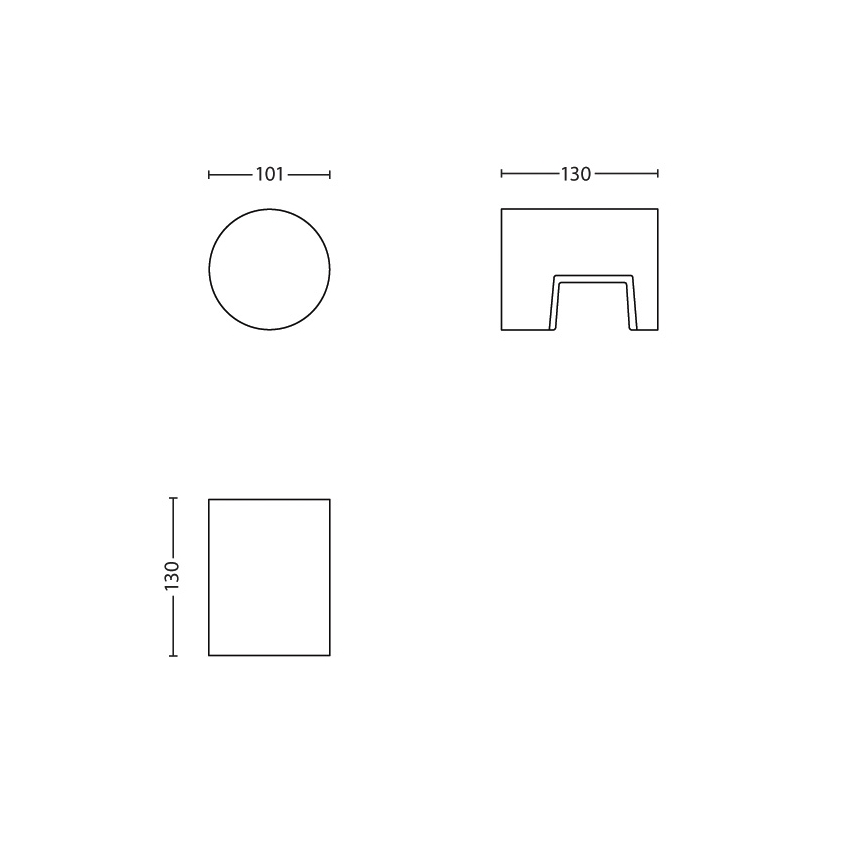 Technické výkresy zobrazujúce tri rozmery nábytku: okrúhly stolík s priemerom 101 a štvorcový stolík so stranou 130. Jeden z nich má tvar písmena „H“ ako nohy.