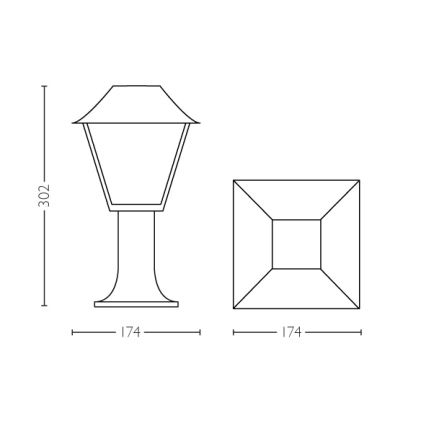 Lampáš s štvorcovou základňou, výška 302 mm, šírka 174 mm. Základňa je rovnako široká ako vrchná časť lampáša. Technický nákres.