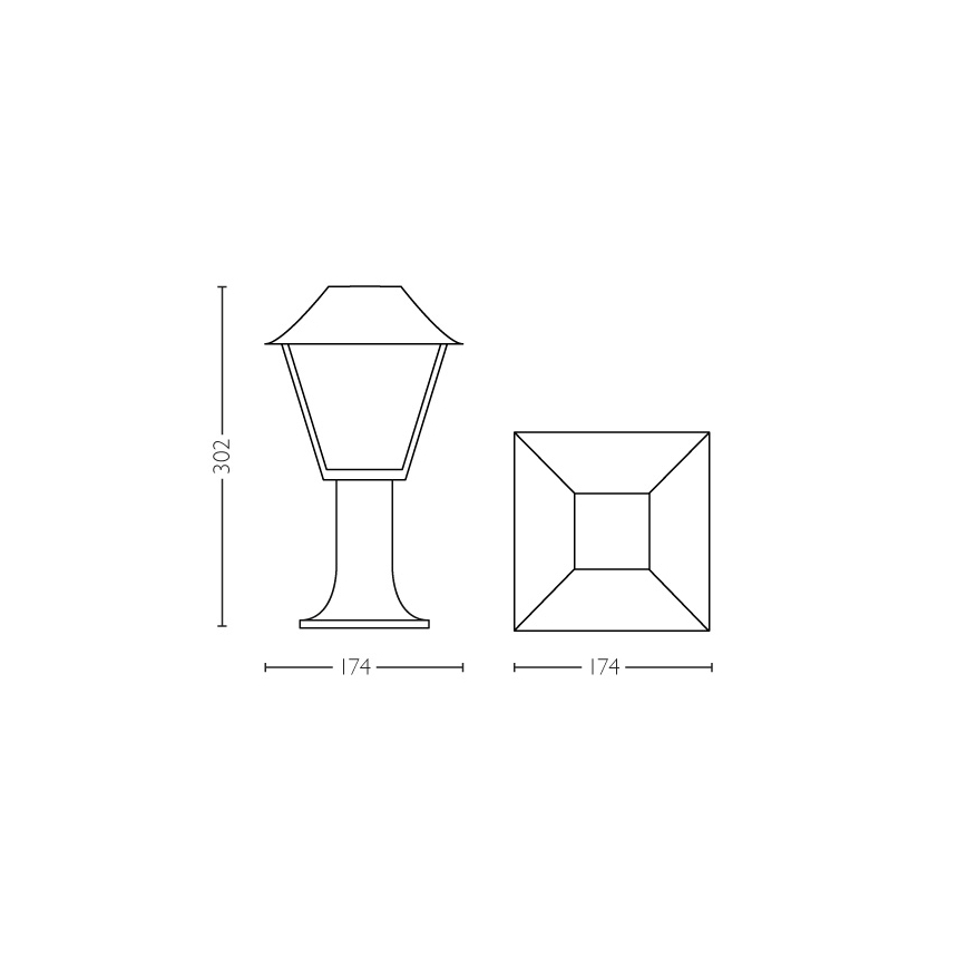 Lampáš s štvorcovou základňou, výška 302 mm, šírka 174 mm. Základňa je rovnako široká ako vrchná časť lampáša. Technický nákres.