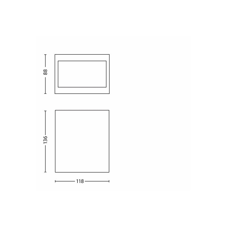 Dva obdĺžniky, jeden vnorený v druhom, s rozmermi 118x136 mm a 88 mm výšky. Vnútorný obdĺžnik je menší. Celok predstavuje technický výkres.