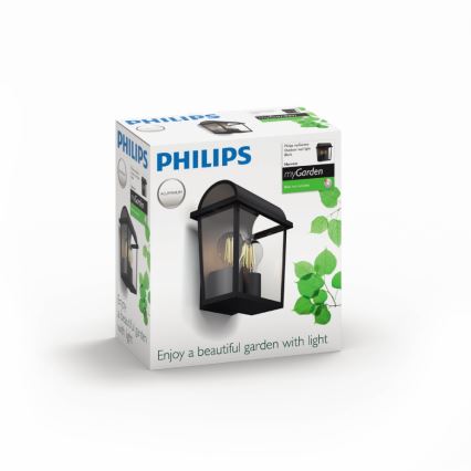 Čierna vonkajšia nástenná lampa Philips myGarden Harrison z hliníka je zobrazená na krabici. Krabica obsahuje text: „Enjoy a beautiful garden with light.“