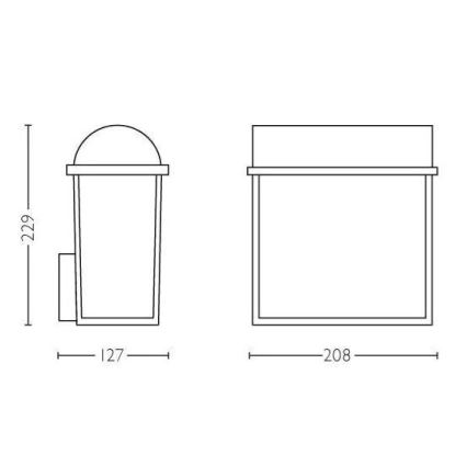 Dve nástenné svietidlá, jedno s guľovitou hornou časťou a druhé obdĺžnikové, sú zobrazené s rozmermi: prvé 127 x 229 mm, druhé 208 x 208 mm.