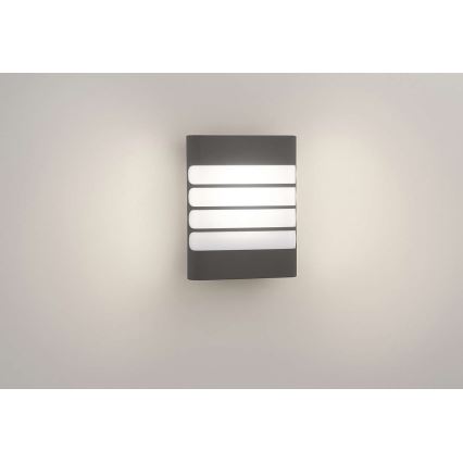 Svietidlo svieti na stene. Obdĺžnikové telo svietidla je tmavosivé, s piatimi vodorovnými bielymi prvkami, ktoré prepúšťajú svetlo. Svetlo je zapnuté.