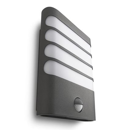 Svietidlo s pohybovým senzorom je pripevnené na stene. Svietidlo má štyri horizontálne svetlé panely. Spodná časť svietidla je tmavosivá.