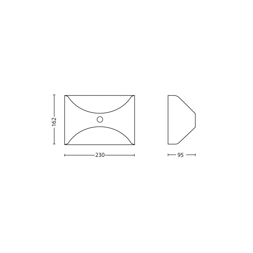 Dva technické výkresy znázorňujúce umývadlo: obdĺžnikové s výrezom a bočný pohľad. Rozmery: 230 x 162 mm a 95 mm.