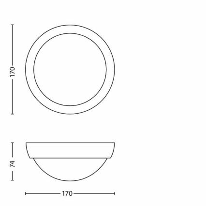 Nástenne svietidlo s priemerom 170 mm a výškou 74 mm je zobrazené v technickom nákrese. Svietidlo má okrúhly tvar s dvojitým okrajom. Rozmery sú uvedené v milimetroch.