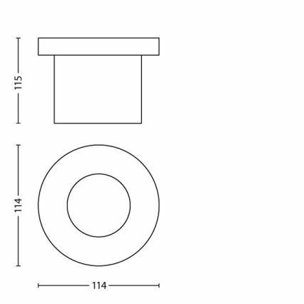 Technický výkres zobrazuje svietidlo. Svietidlo má valcový tvar s vrchným kruhovým krytom. Rozmery svietidla sú 115 x 114 mm.