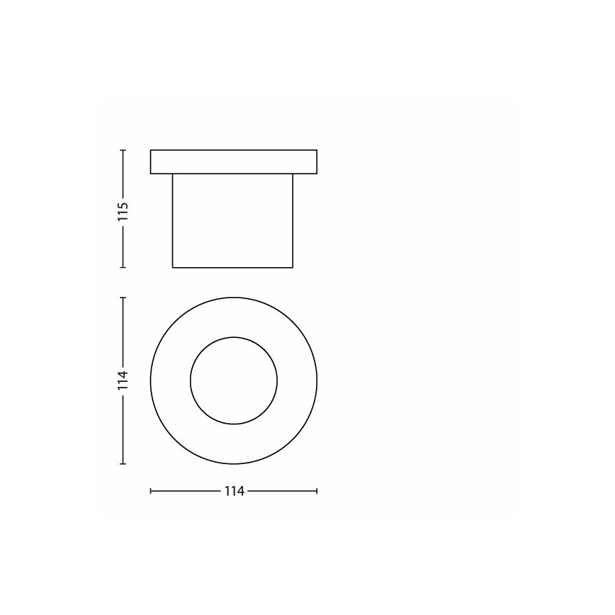 Technický výkres zobrazuje svietidlo. Svietidlo má valcový tvar s vrchným kruhovým krytom. Rozmery svietidla sú 115 x 114 mm.