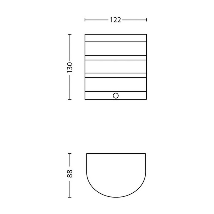 Technický výkres zobrazuje obdĺžnikovú nástennú lampu s rozmermi 122 x 130 mm a polkruhovú základňu s výškou 88 mm. Lampa má vodorovné priečky.
