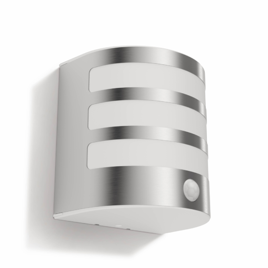 Nástenné vonkajšie svietidlo s troma horizontálnymi svetelnými panelmi je pripevnené na stene. Svietidlo má zabudovaný pohybový senzor. Je vyrobené z nehrdzavejúcej ocele.