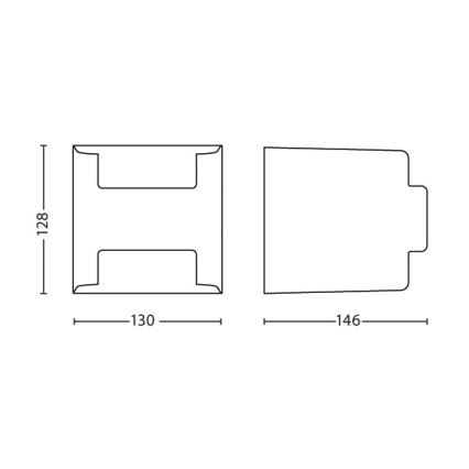 Dva obdĺžnikové výrezy, jeden s dvoma vnútornými výrezmi v tvare písmena H, druhý s výrezom na jednej strane, sú zobrazené s rozmermi 128x130 mm a 146 mm.