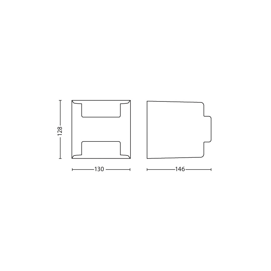Dva obdĺžnikové výrezy, jeden s dvoma vnútornými výrezmi v tvare písmena H, druhý s výrezom na jednej strane, sú zobrazené s rozmermi 128x130 mm a 146 mm.