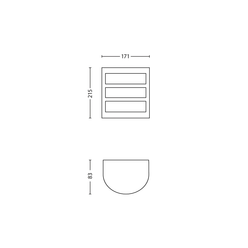 Technický výkres zobrazuje obdĺžnikový a polkruhový tvar. Obdĺžnik má tri vodorovné čiary, rozmery 171 x 215. Polkruh má výšku 83.