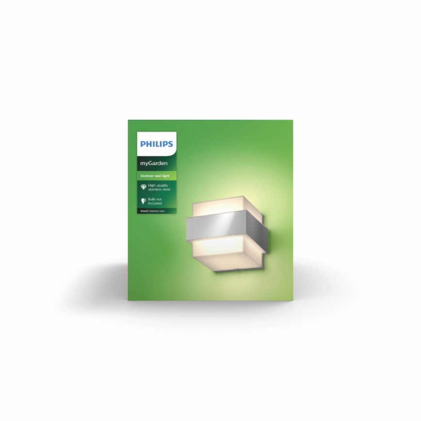 Vonkajšie nástenné svietidlo Philips myGarden je zobrazené na zelenej krabici. Svietidlo svieti a je vyrobené z nerezovej ocele. Na krabici je uvedené: „Outdoor wall light“, „High-quality stainless steel“, „Bulb not included“.