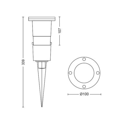 Technický výkres zobrazuje vonkajšie svietidlo s výškou 339 mm a priemerom 100 mm. Svietidlo je štíhle, s kužeľovitým podstavcom a dvoma valcovými časťami.
