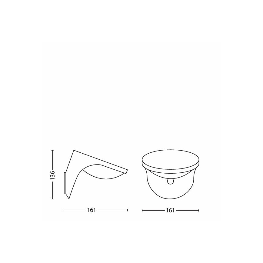 Dve nástenné svietidlá; jedno s rozmermi 136 x 161 mm, druhé s priemerom 161 mm. Svietidlá sú zobrazené v čelnom a bočnom pohľade s rozmermi.