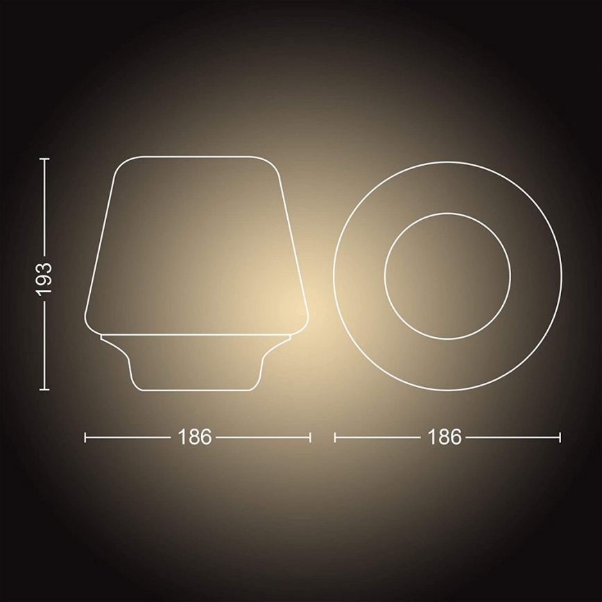 Technický výkres zobrazuje rozmery dvoch svietidiel. Jedno je štvorcové s výškou 193 a šírkou 186 mm. Druhé je okrúhle s priemerom 186 mm. Oba sú umiestnené na tmavom pozadí.