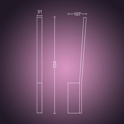 Technický výkres zobrazuje svietidlo: vysoký, úzky stĺpik s malou základňou, zobrazené sú rozmery 31, 558 a 107 mm na fialovom pozadí.