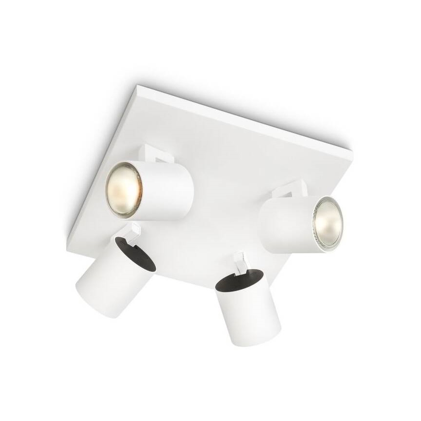 Štvorbodové stropné svietidlo s bielymi valcovými reflektormi je pripevnené k stropu. Reflektory sú otočné a vyžarujú svetlo. Svietidlo je štvorcového tvaru s bielou doskou.