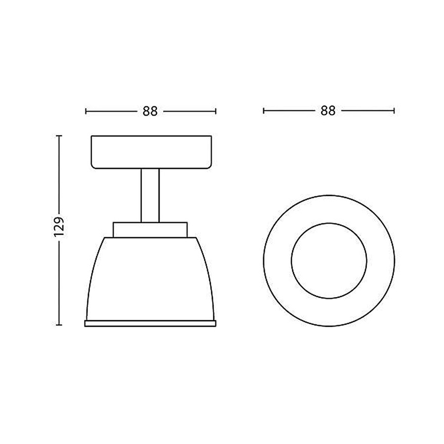 Technický výkres stropného svietidla s priemerom 88 mm a výškou 129 mm. Svietidlo má valcovitý tvar s plochou vrchnou časťou a rozptýleným svetlom. Rozmery sú uvedené v milimetroch.