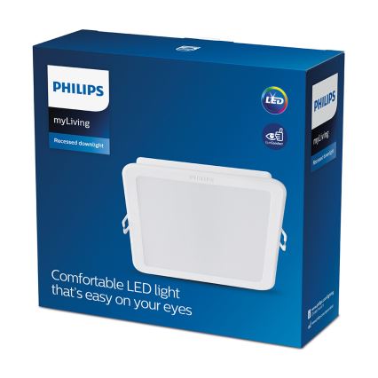 Biela LED dióda Philips myLiving je zobrazená na modrej krabici. Krabica obsahuje popis produktu: Pohodlné LED svetlo šetrné k vašim očiam. Zobrazená je zapustená lampa.