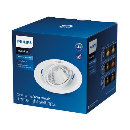 Biela vstavaná bodová lampa Philips myLiving SceneSwitch v kartónovej krabici. Lampa ponúka tri svetelné nastavenia bez potreby stmievača. Krabica zobrazuje farebné variácie svetla.