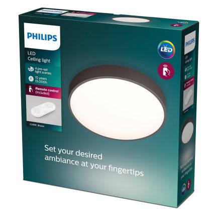 Okrúhle LED stropné svietidlo Philips CL800 Brown je v balení. Svietidlo má diaľkové ovládanie s 4 prednastavenými režimami osvetlenia. Životnosť je 15 rokov/15 000 hodín.