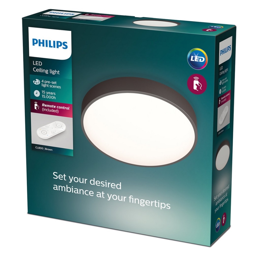 Okrúhle LED stropné svietidlo Philips CL800 Brown je v balení. Svietidlo má diaľkové ovládanie s 4 prednastavenými režimami osvetlenia. Životnosť je 15 rokov/15 000 hodín.
