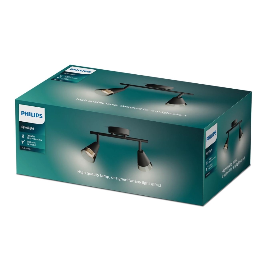 Balenie s dvojitým nástenným bodovým svetlom Philips v tmavočiernej farbe. Svetlá sú umiestnené na spoločnej tyči. Balenie uvádza: „High quality lamp, designed for any light effect“.